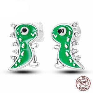 Green Dinosaur Sterling Silver Stud Earrings with Sparkling‎ Zircons S925